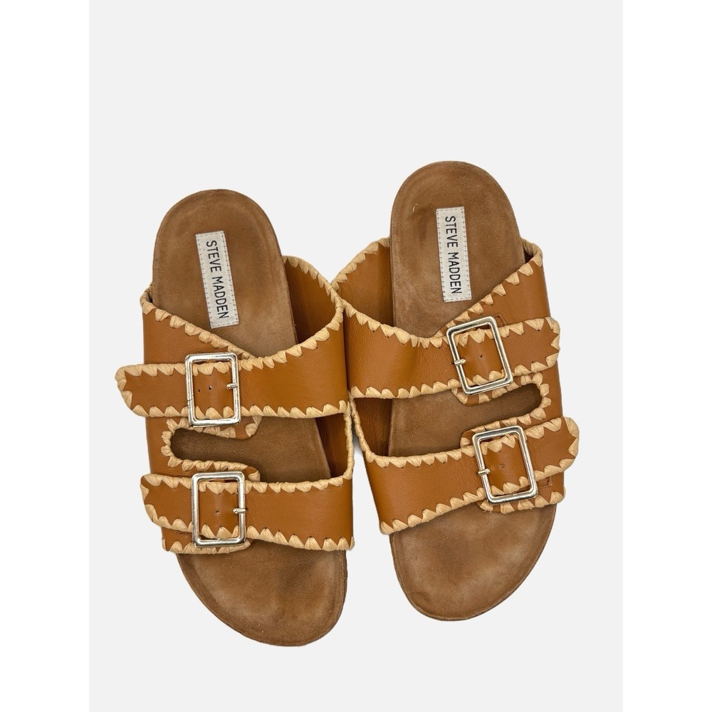 Steve Madden Double Buckle Straps Contrast‎ Whipstitch Leather Sandals 8 Womens